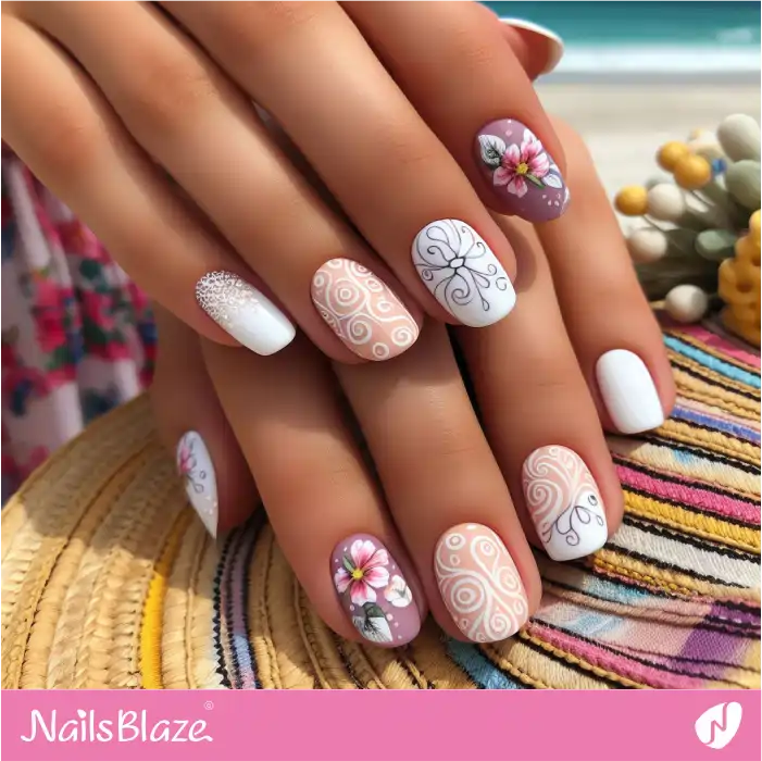Short Nails with Flowers and Swirls | Swirl Nails - NB4521