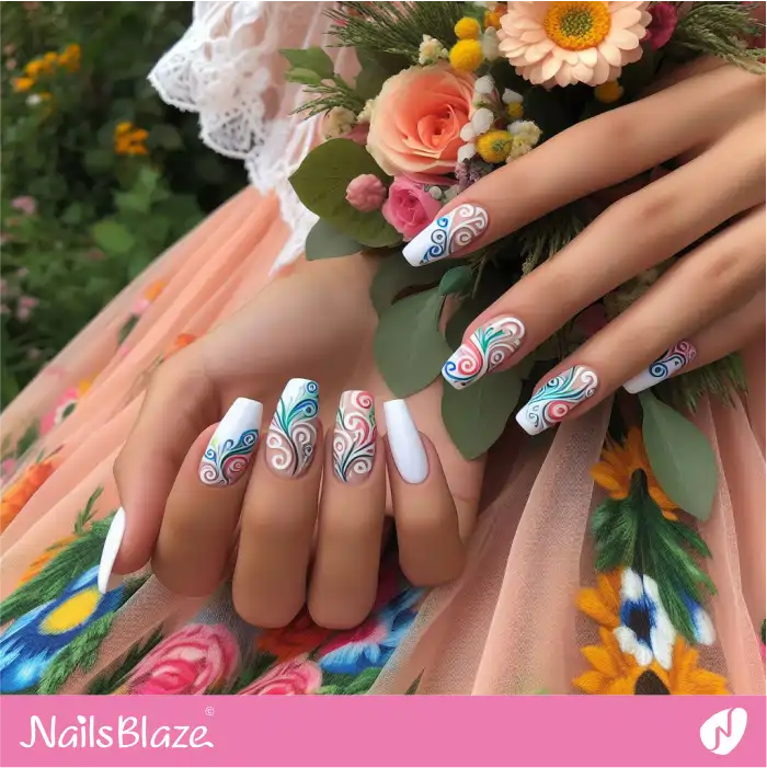 Nails with White, Pink, and Blue Swirls Design | Swirl Nails - NB4524