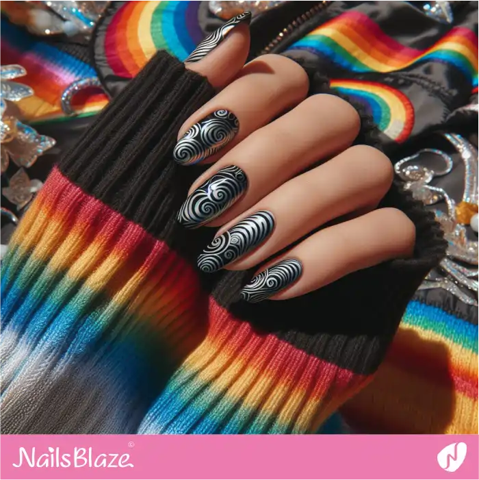 Black Nails with White Spiral Pattern | Swirl Nails - NB4525