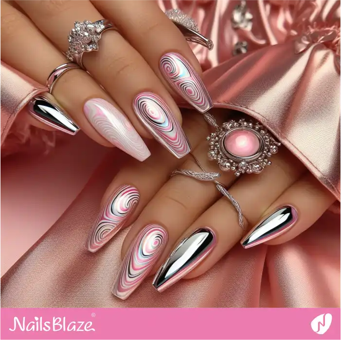 Chrome Nails with Pink and White Swirls | Swirl Nails - NB4527