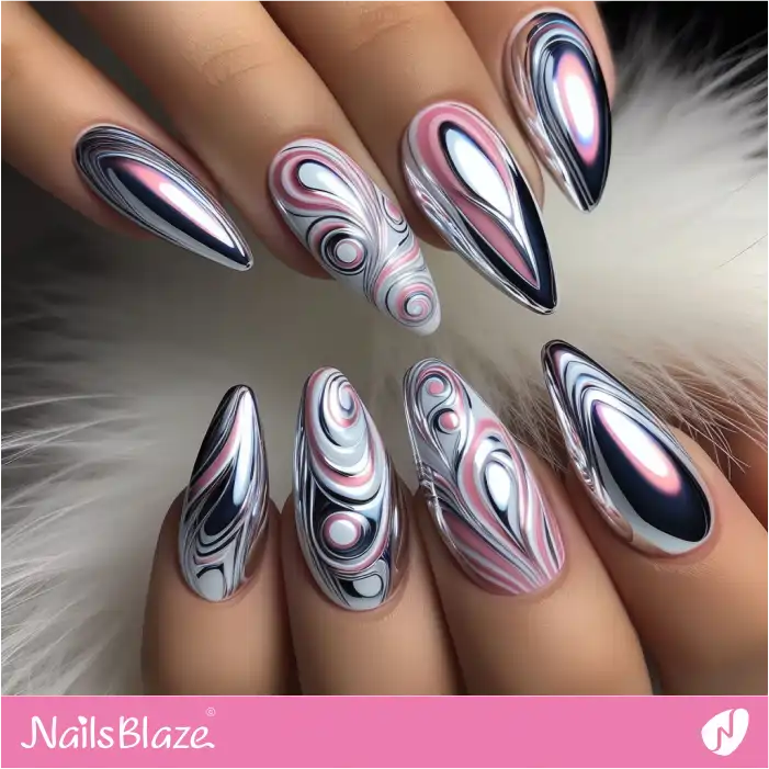 Chrome Nails with White and Pink Swirls | Swirl Nails - NB4532