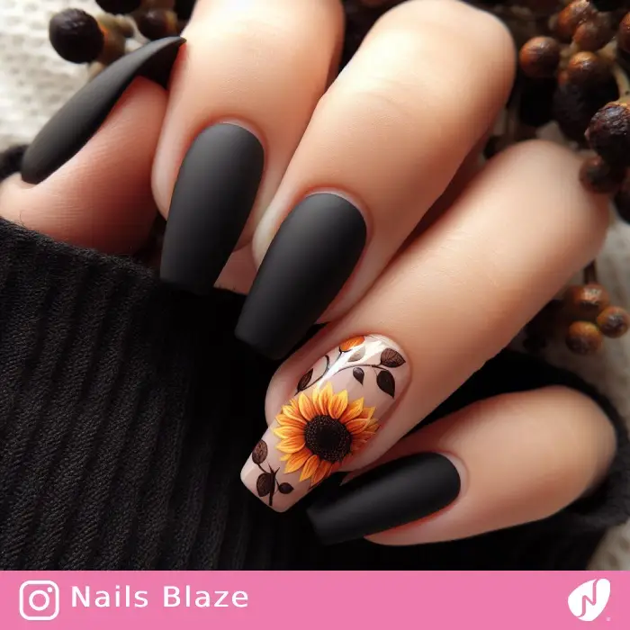 Black Nails with Sunflower | Thanksgiving | Holiday- NB1158