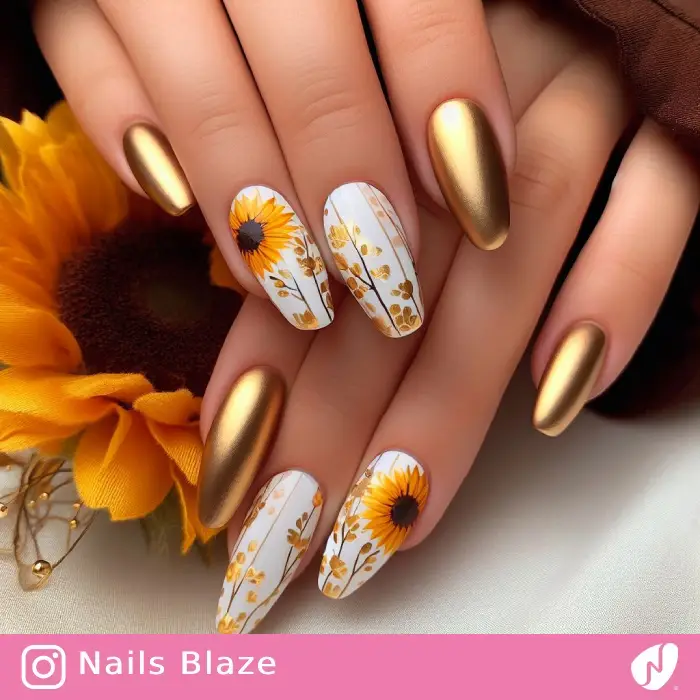 Gold and White Sunflower Nails | Thanksgiving | Holiday- NB1167