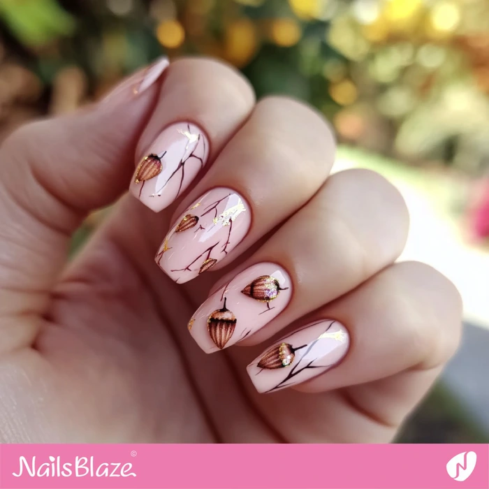 Milky Pink Nails with Acorn | Thanksgiving Acorn Nails - NB6274