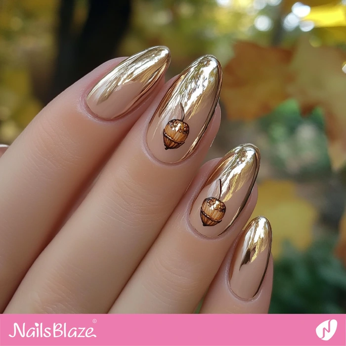 Acorn Nails Gold Foil Design | Thanksgiving Acorn Nails - NB6275