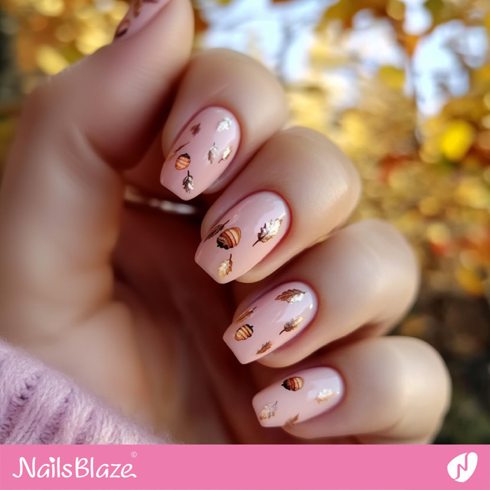 Acorns and Golden Leaves Nail Design | Thanksgiving Acorn Nails - NB6277