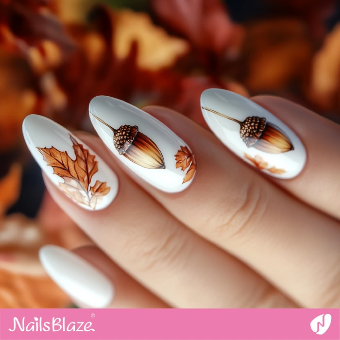 White Fall Nails Acorn Design | Thanksgiving Acorn Nails - NB6278