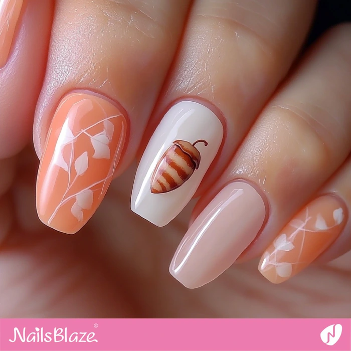 Peach Nails Acorn Accent | Thanksgiving Acorn Nails - NB6265