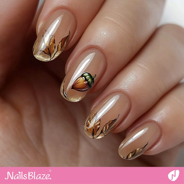 Glossy Fall Nails with Acorn | Thanksgiving Acorn Nails - NB6267