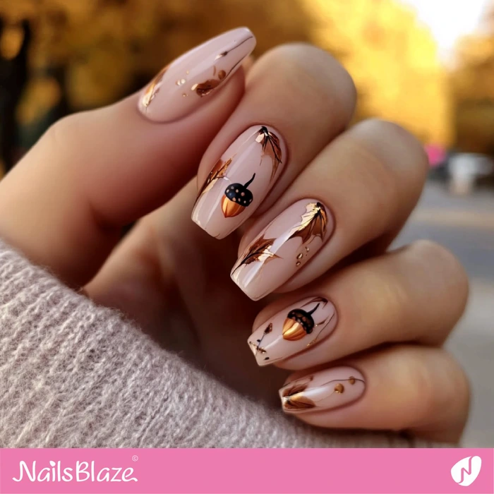 Elegant Nails with Acorn and Fall Leaves | Thanksgiving Acorn Nails - NB6268