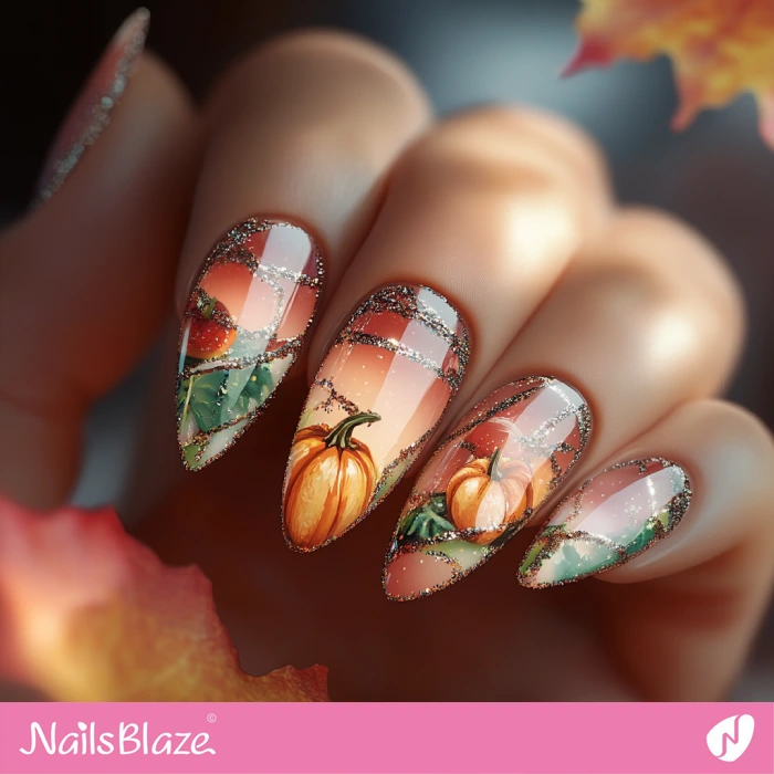 Pumpkin Nails and Glitter Lines | Classy Thanksgiving Nails - NB6353