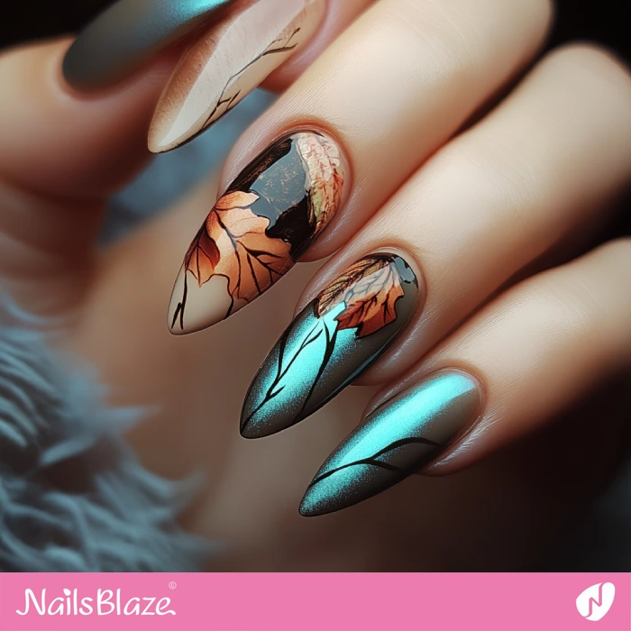 Blue and Brown Fall Theme Nails | Classy Thanksgiving Nails - NB6355