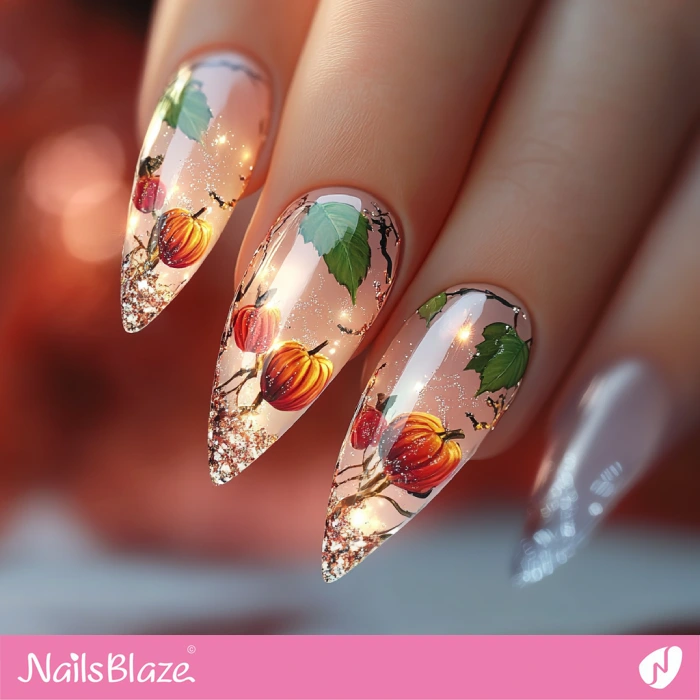 Pumpkin Nails in Bling Style | Classy Thanksgiving Nails - NB6356