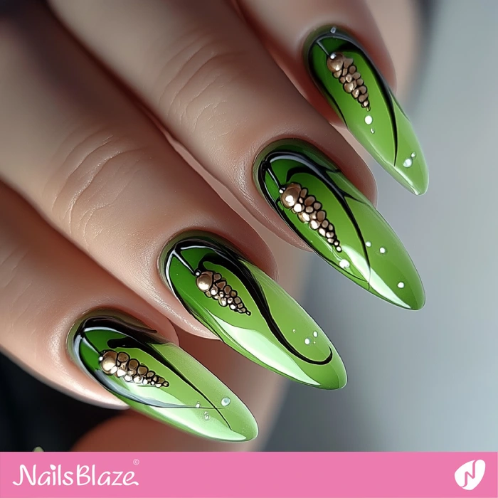 Green Almond Nails Gold Corn Design | Thanksgiving Corn Nails - NB6185