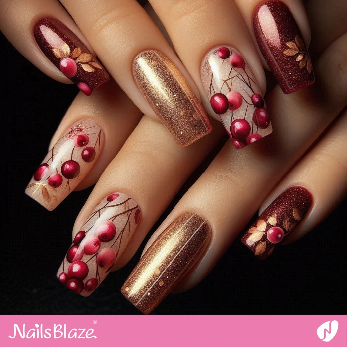 Embellished Nails Cranberry Design | Thanksgiving Cranberry Nails - NB6189