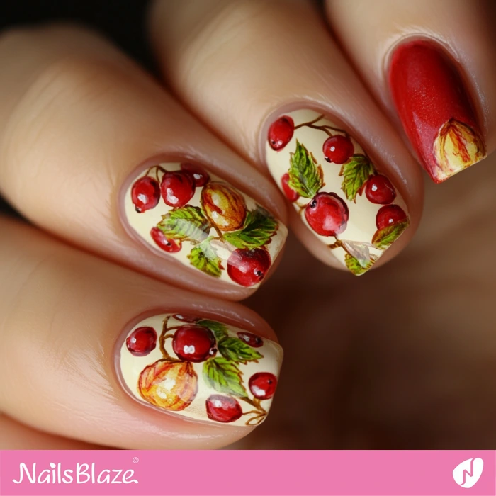 Vintage Style Cranberry Painting for Nails | Thanksgiving Cranberry Nails - NB6200