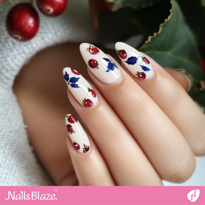 Cranberry Design for White Almond Nails | Thanksgiving Cranberry Nails - NB6227