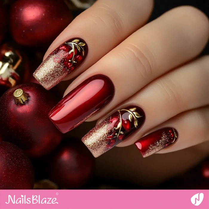 Elegant Cranberry Nails with Glitter Tips | Thanksgiving Cranberry Nails - NB6191