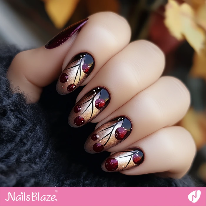 Stylish Gold Nails with Cranberries | Thanksgiving Cranberry Nails - NB6195