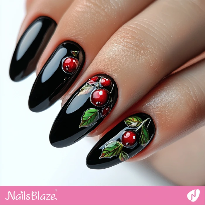 Cranberry Design for Black Almond Nails | Thanksgiving Cranberry Nails - NB6196