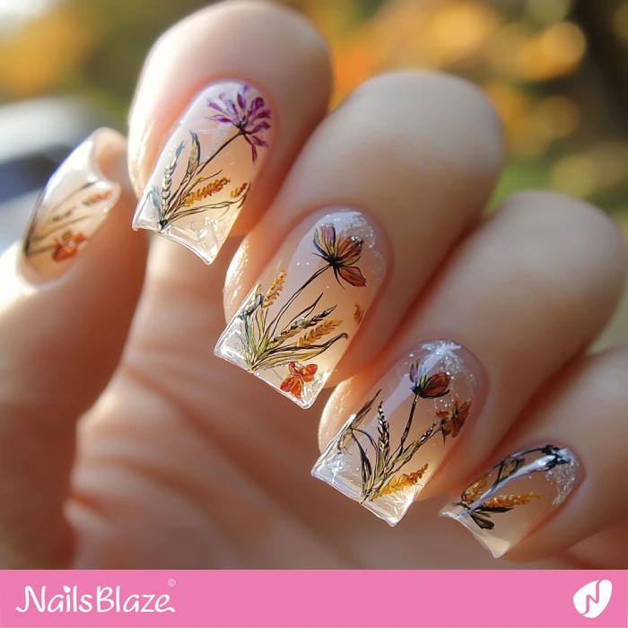 Glossy Nails Autumn Flowers Design | Thanksgiving Harvest Nails - NB6318