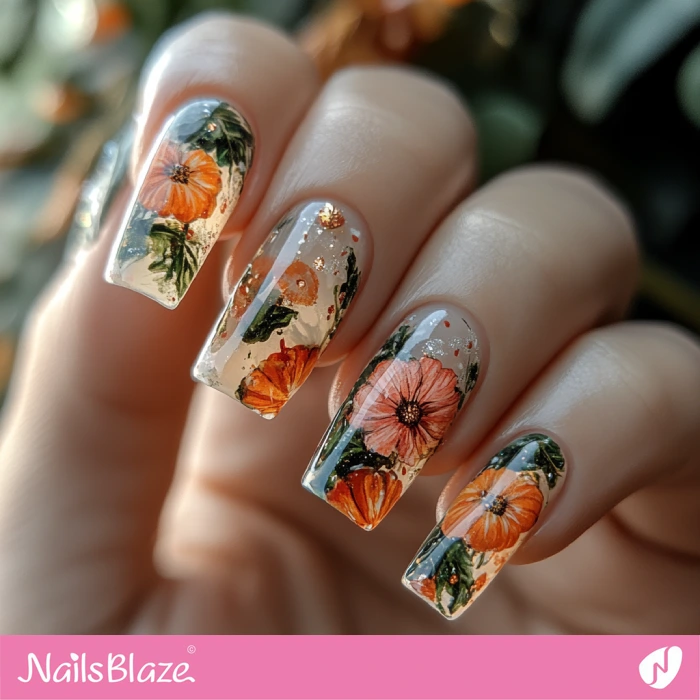 Pumpkin Theme Square Nails | Thanksgiving Harvest Nails - NB6321