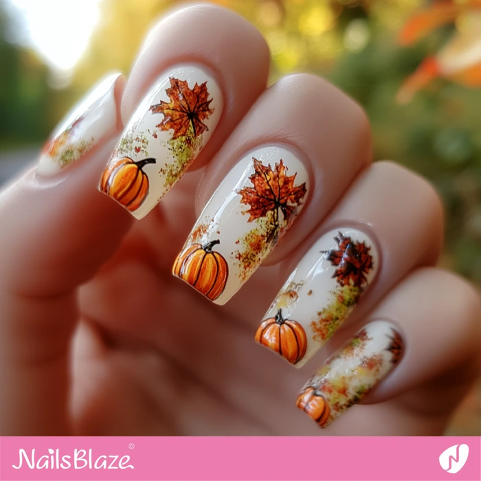 Pumpkin and Autumn Leaves Nails | Thanksgiving Harvest Nails - NB6327