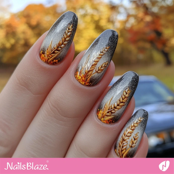 Ombre Gray Nails Wheat Design | Thanksgiving Harvest Nails - NB6332