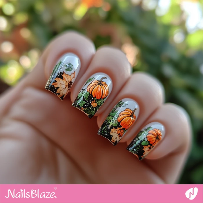 Pumpkins and Fall leaves Nail Art | Thanksgiving Harvest Nails - NB6310