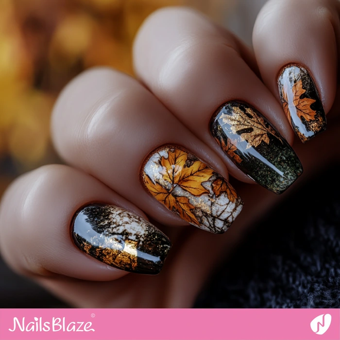 Dark Nails with Fall Leaves | Thanksgiving Harvest Nails - NB6337