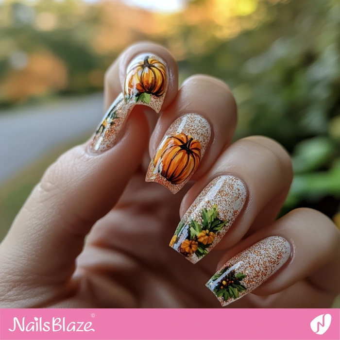 Pumpkin and Glitter Nails Design | Thanksgiving Harvest Nails - NB6338