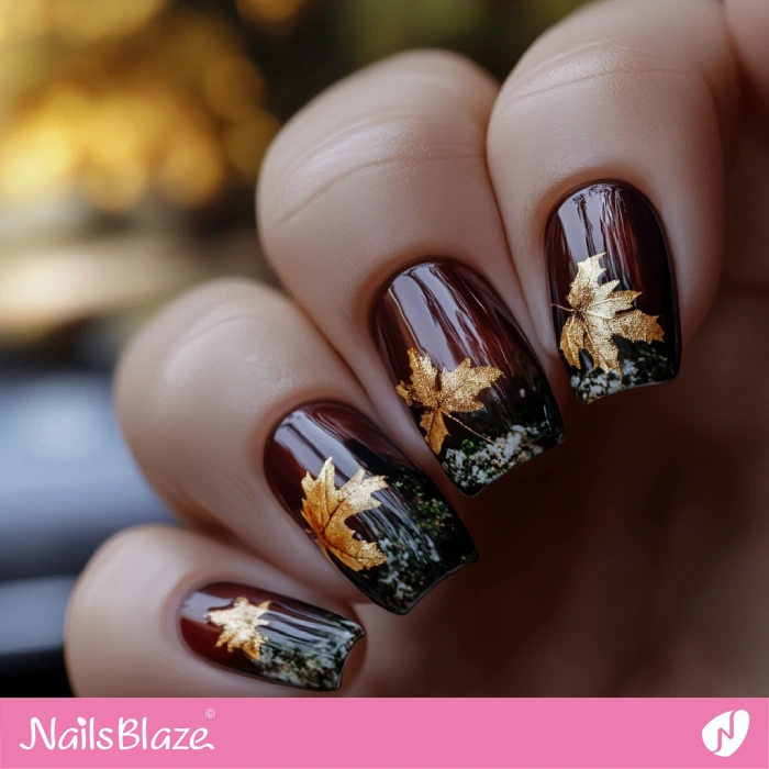 Mahogany Nails with Golden Leaves Design | Thanksgiving Harvest Nails - NB6314