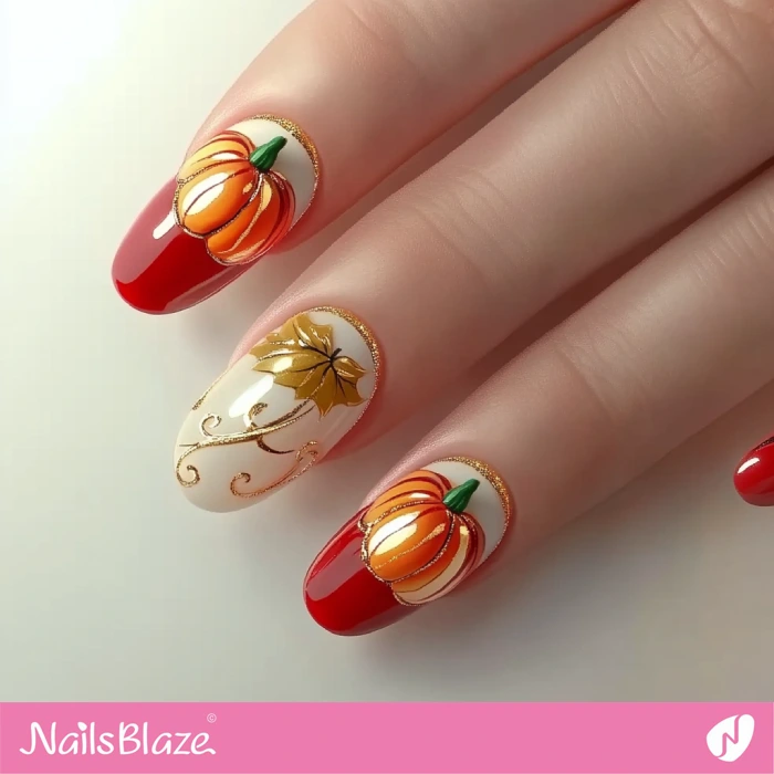 Pumpkin Nails with Golden Details | Thanksgiving Pumpkin Nails - NB6212