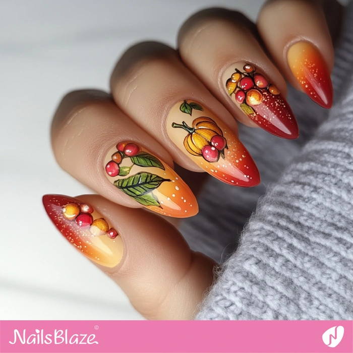 Ombre Harvest Theme Nails with Pumpkin | Thanksgiving Pumpkin Nails - NB6216