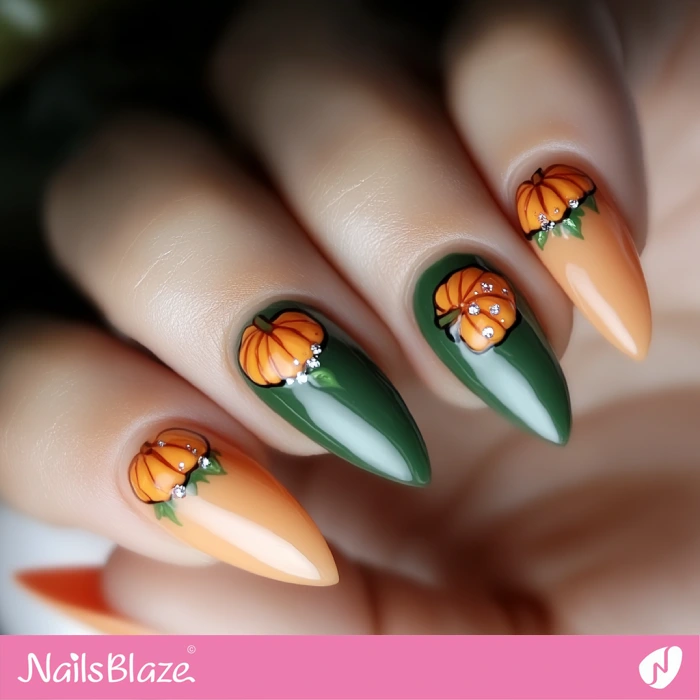 Orange and Green Nails with Pumpkin | Thanksgiving Pumpkin Nails - NB6218