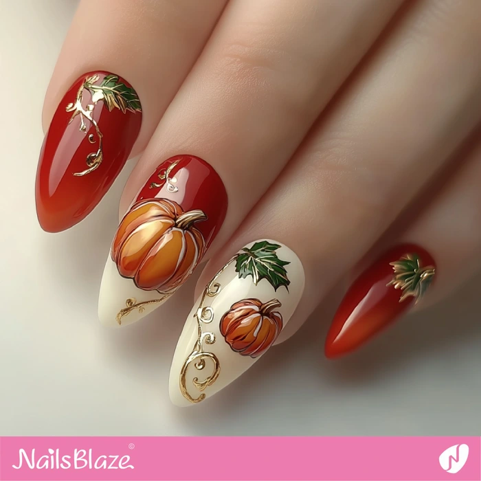 Stylish Red Nails with Pumpkin | Thanksgiving Pumpkin Nails - NB6203