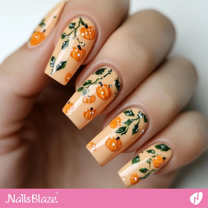 Nails Painted in Pumpkin Trailing Vine Plant | Thanksgiving Pumpkin Nails - NB6222