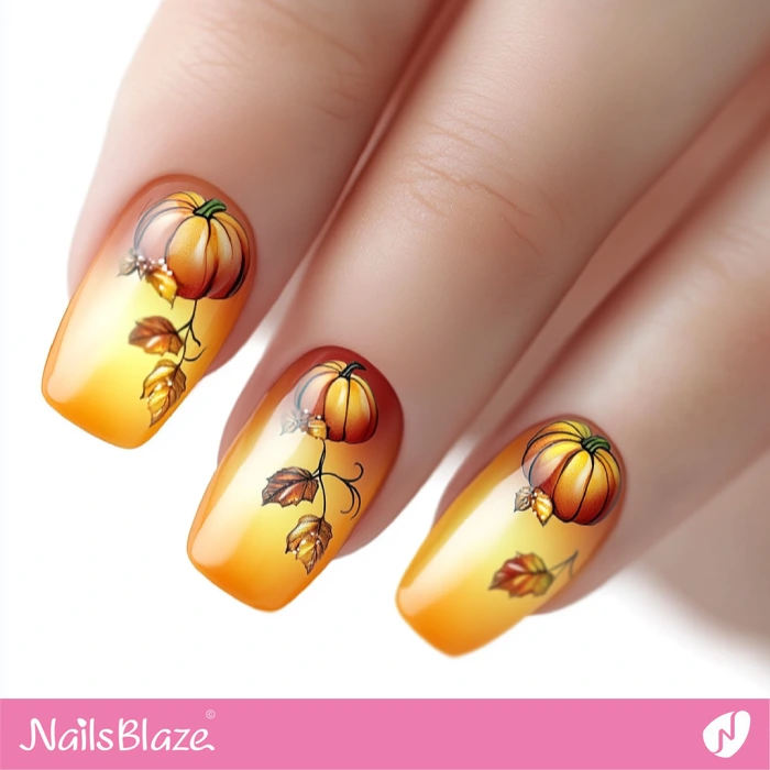 Fall Ombre Nails with Pumpkins | Thanksgiving Pumpkin Nails - NB6224