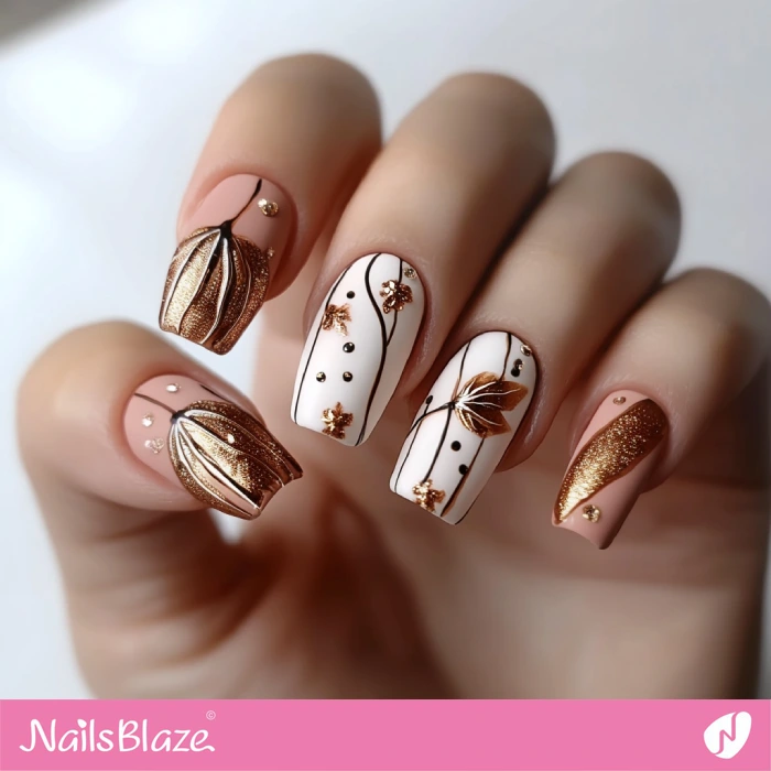 Golden Pumpkins and Leaves Nail Art | Thanksgiving Pumpkin Nails - NB6225