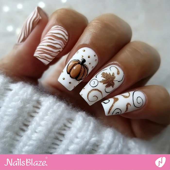 Pumpkin Accent for Fall Swirl Nails | Thanksgiving Pumpkin Nails - NB6204