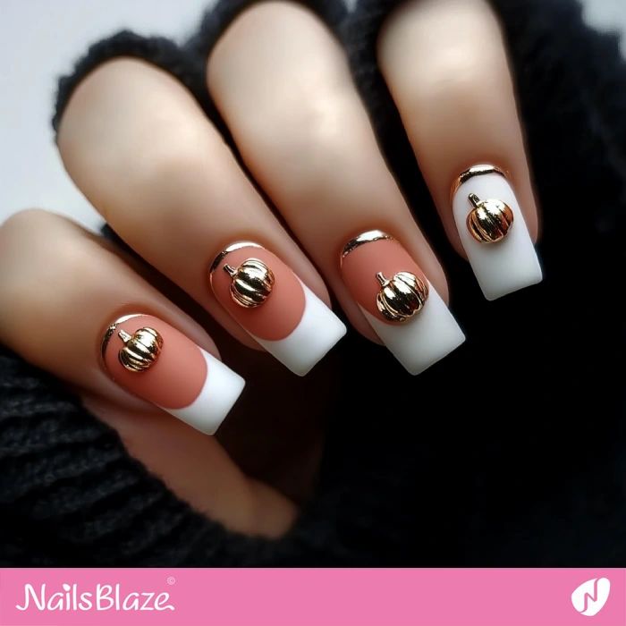 French Nails with Pumpkin Charms | Thanksgiving Pumpkin Nails - NB6205