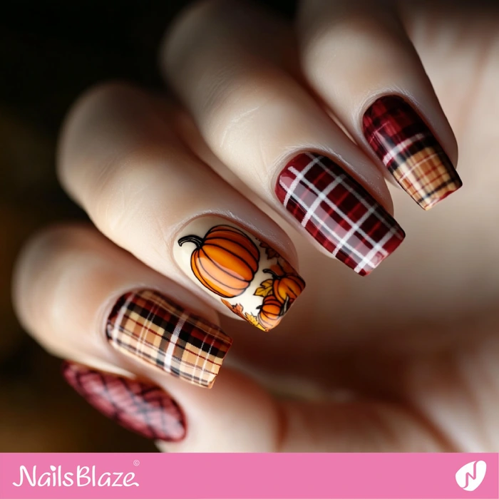 Plaid Nails and Pumpkin | Thanksgiving Pumpkin Nails - NB6207