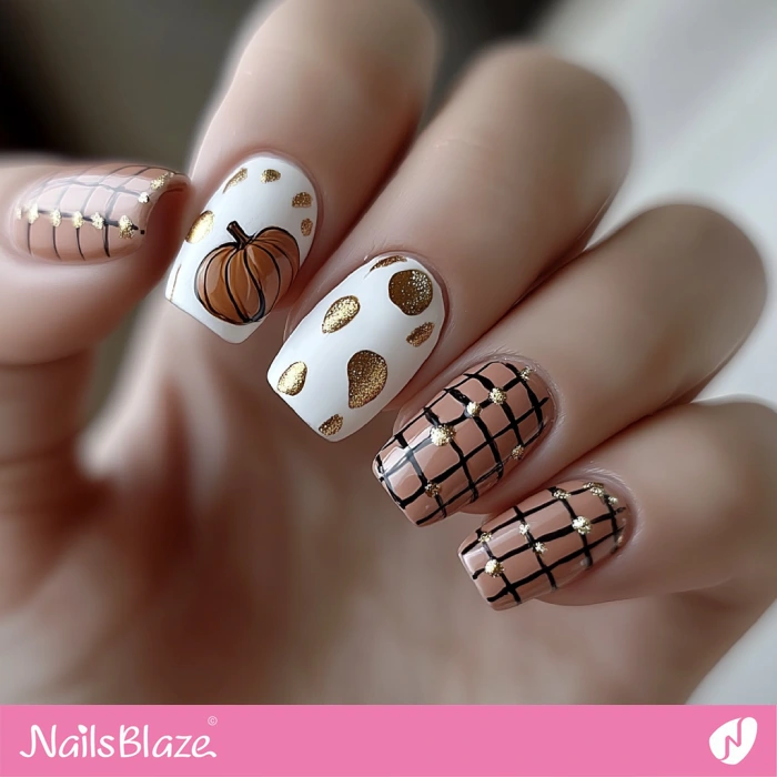 Short Grid Nails and Pumpkin | Thanksgiving Pumpkin Nails - NB6208