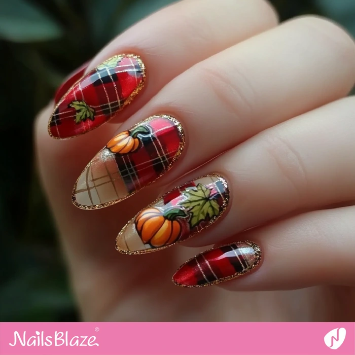 Plaid and Pumpkin Nails with Glitter Outline | Thanksgiving Pumpkin Nails - NB6209