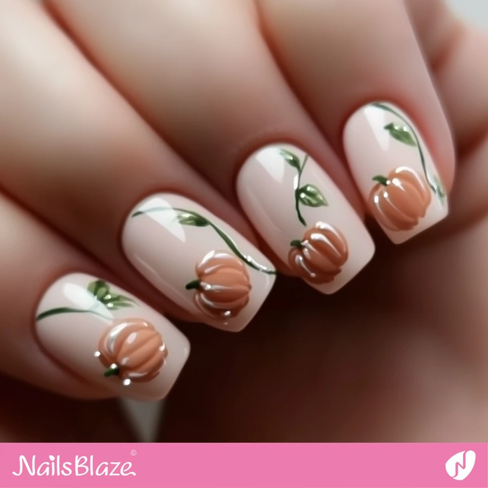 Cute Pumpkin Design for Short Pink Nails | Thanksgiving Pumpkin Nails - NB6210