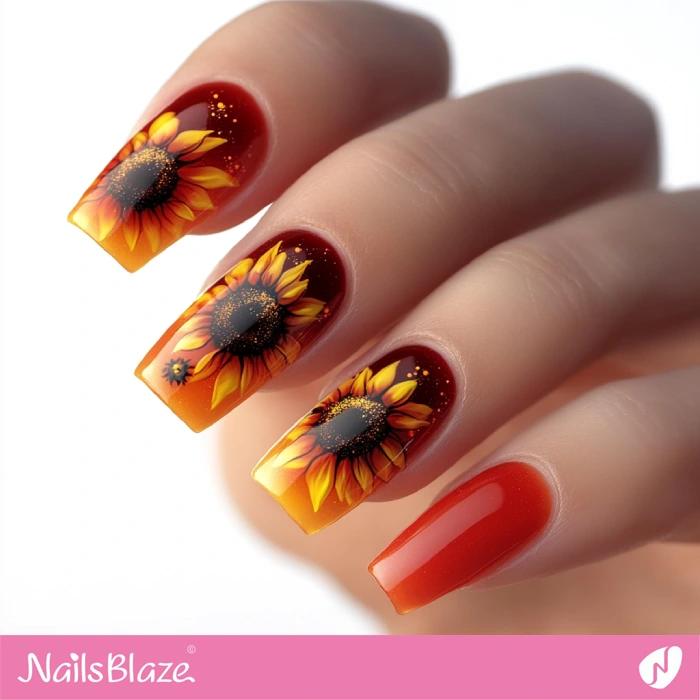 Ombre Orange Nails with Sunflowers | Thanksgiving Sunflower Nails - NB6230