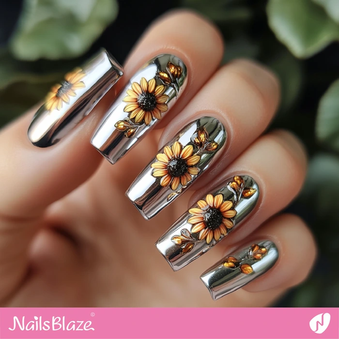 Long Chrome Nails with Sunflowers | Thanksgiving Sunflower Nails - NB6239