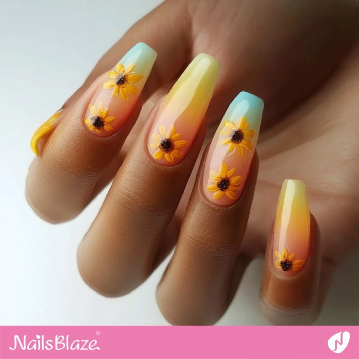 Coffin Gradient Nails with Sunflowers | Thanksgiving Sunflower Nails - NB6240