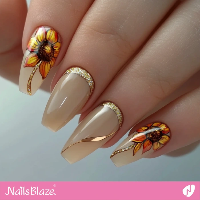 Stylish Sunflower Nails with Decoration | Thanksgiving Sunflower Nails - NB6241