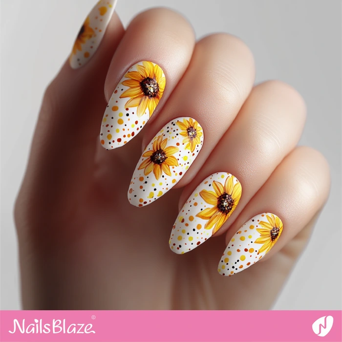 White Polka Dot Nails Sunflower Design | Thanksgiving Sunflower Nails - NB6242